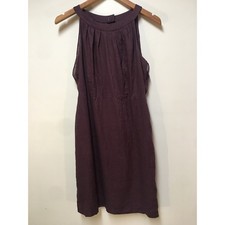 Ann Taylor Loft 100% Linen Shift Dress Women 6 Purple Halter Pleated Sleeveless