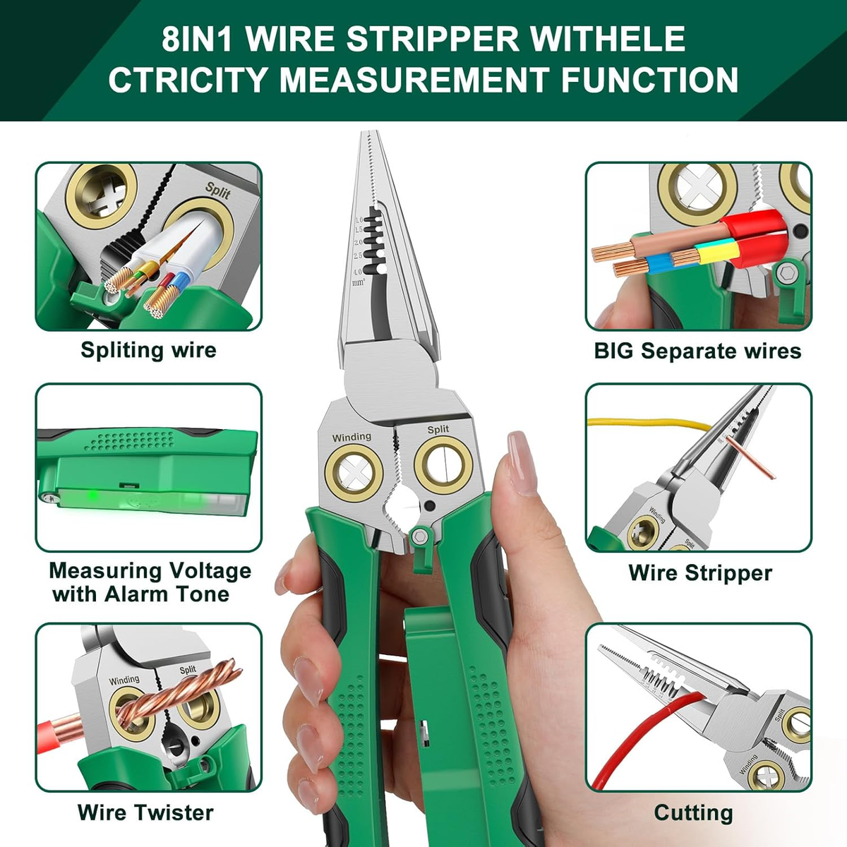 8-In-1 Wire Stripper Cutter Voltage Tester Dual Alarms 12-250V