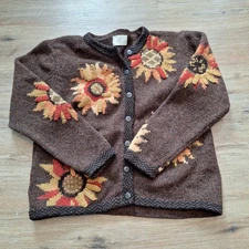 Susan Bristol Wool Sweater Womens L Sunflower Cardigan Granny Floral Bloomcore 
