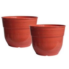Garden Elements Glazed Brushed Happy Plastic Planter, Earth Red, 15" 2 Pack 