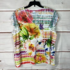 Time And Tru Top Womens 3XL Floral T-Shirt Flutter Sleeve V-Neck Rhinetones Knit