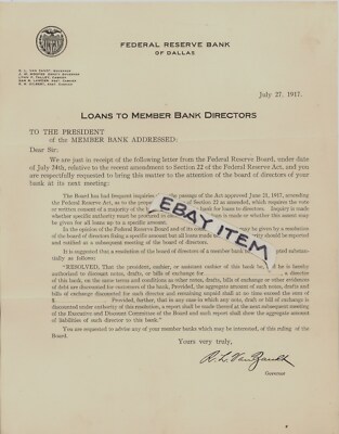 1917 FEDERAL RESERVE BANK of DALLAS TEXAS TX loans to member Directors VAN ZANDT
