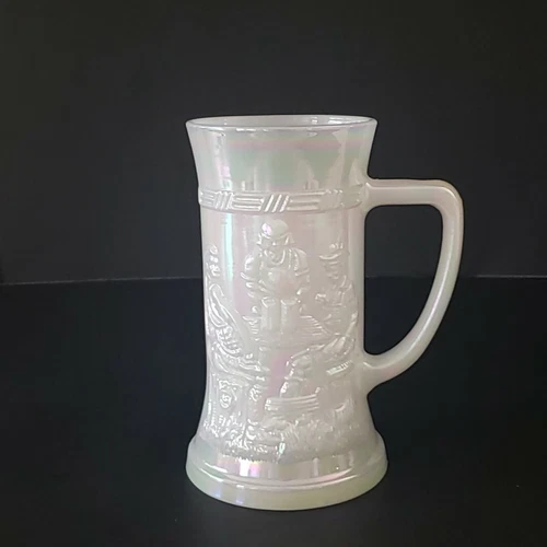 Vintage Federal Milk Glass Beer Stein Mug Tankard Embossed Pub Iridescent Glaze 