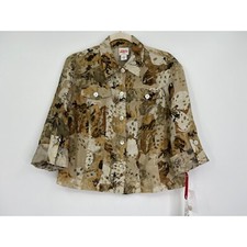 Ruby Rd. Burnout Button Roll Tab Sleeve Jacket Tan Brown 14 Petite NEW