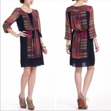 ANTHROPOLOGIE Maeve Red Blue Tan Tie Front V-Neck Long Sleeve Boho Dress Size S