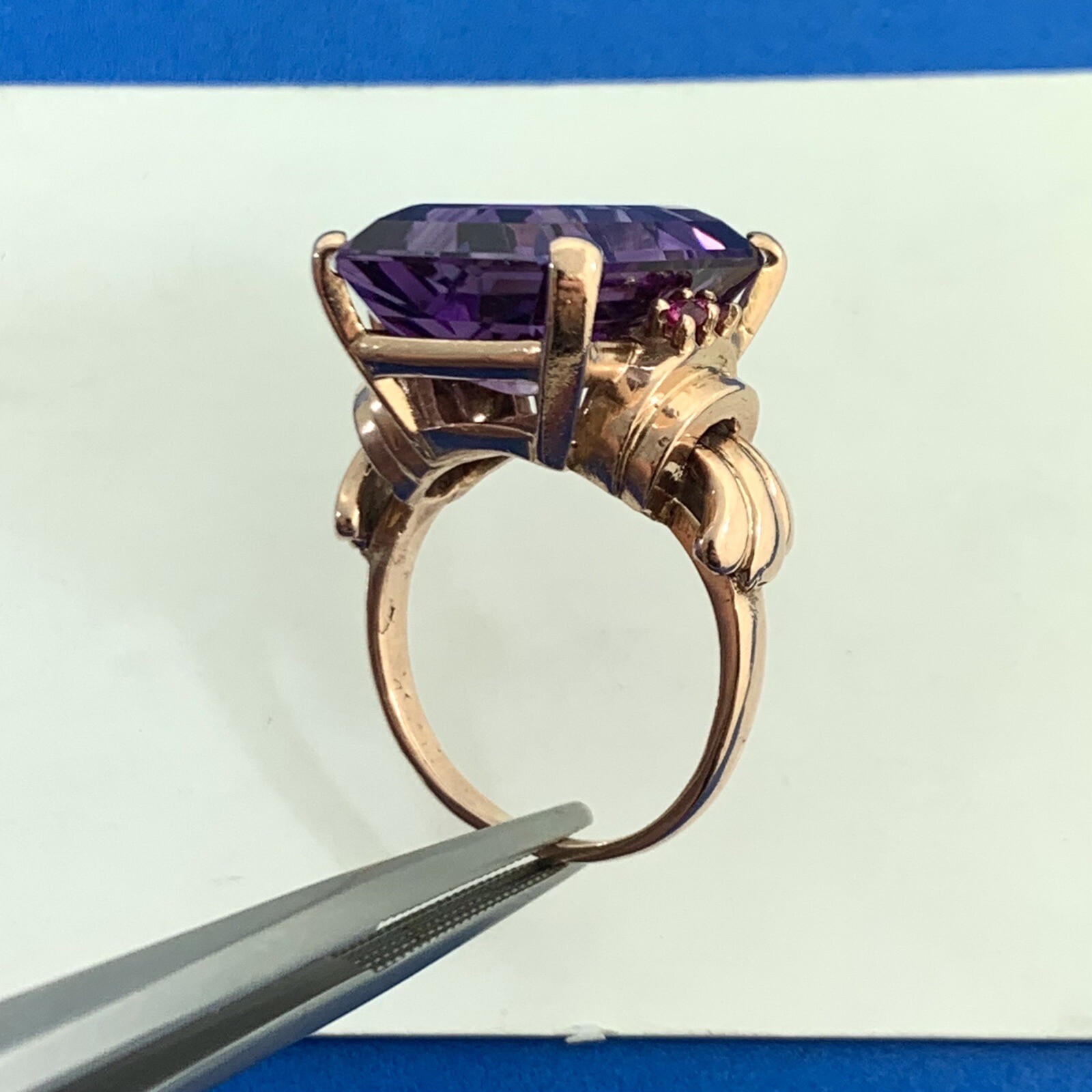 Estate Emerald Cut Amethyst Ruby Accents 14K Rose… - image 5