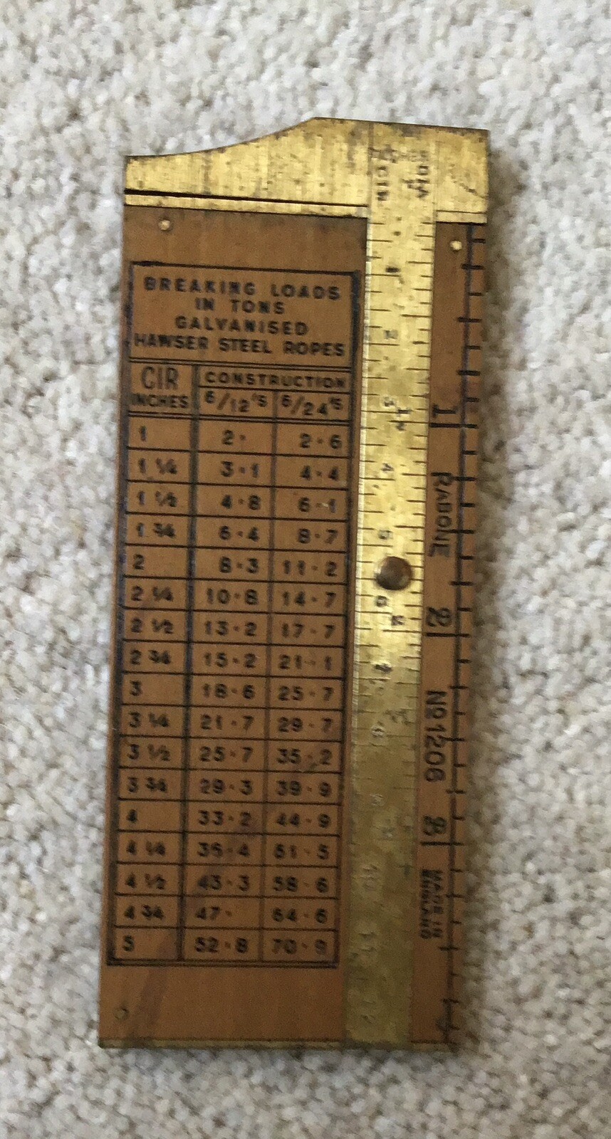 ANTIQUE BOXWOOD BRASS MEASURING CABLE ROPE GAUGE SLIDE RULE RULER RABONE No 1206