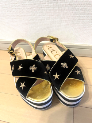 Gucci Sandals IT 37.5 Bee Black Gold Slingback Bukle Gucci Women