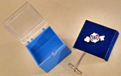 IOF Pin Tie Tack Key Figural Silver Metal Red White Blue Enamel Plastic Box