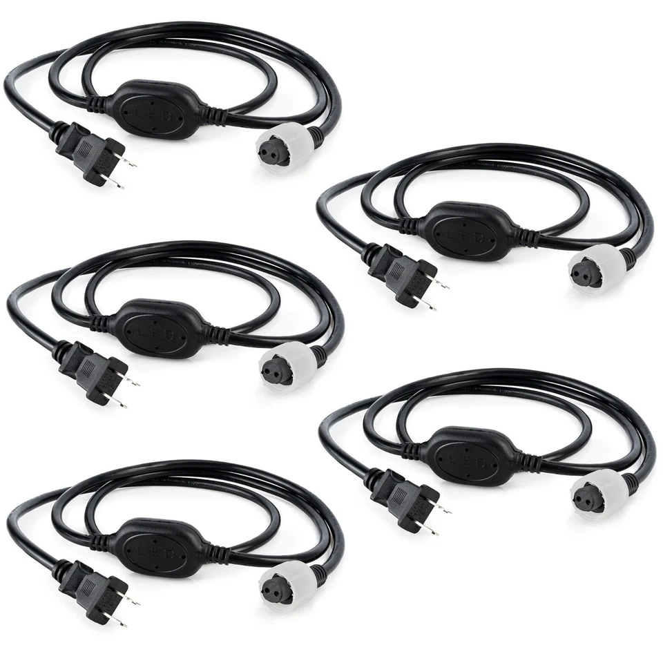WYZWORKS 5 Pack 5ft LED Rope Power Cord w/Connection Cap for 3/8" LED Rope Lights