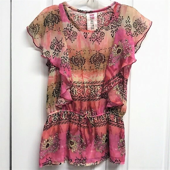 Beautees Multi Color Floral Print Sheer Ruffle Short Sleeve Tunic Top Jr Size M