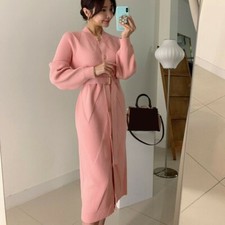 Women Sweater Knitted Dresses Knee Length Long Sleeve Belt Button Solid Slim