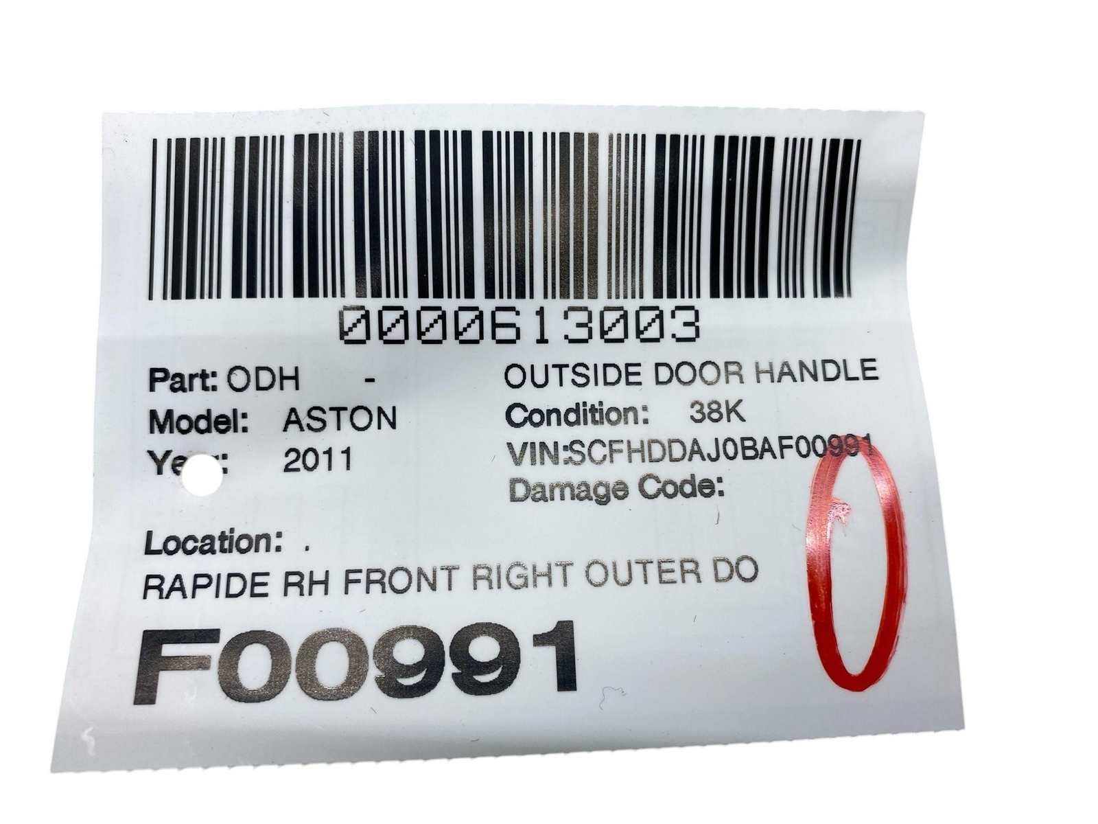 2011 ASTON MARTIN RAPIDE RH FRONT RIGHT OUTER DOOR HANDLE 7G43-226A28-A BLACK