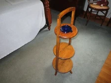 Vtg. 3-Tier CIRCULAR WOOD HANDLED Smoke STAND w/Cobalt Ashtray -  33" T x 13" W 