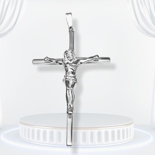 Dije Crucifijo Pulido Oro Blanco 14K Cruz sobre Plata Colgante Hombres Mujeres Regalo - Imagen 9 de 10