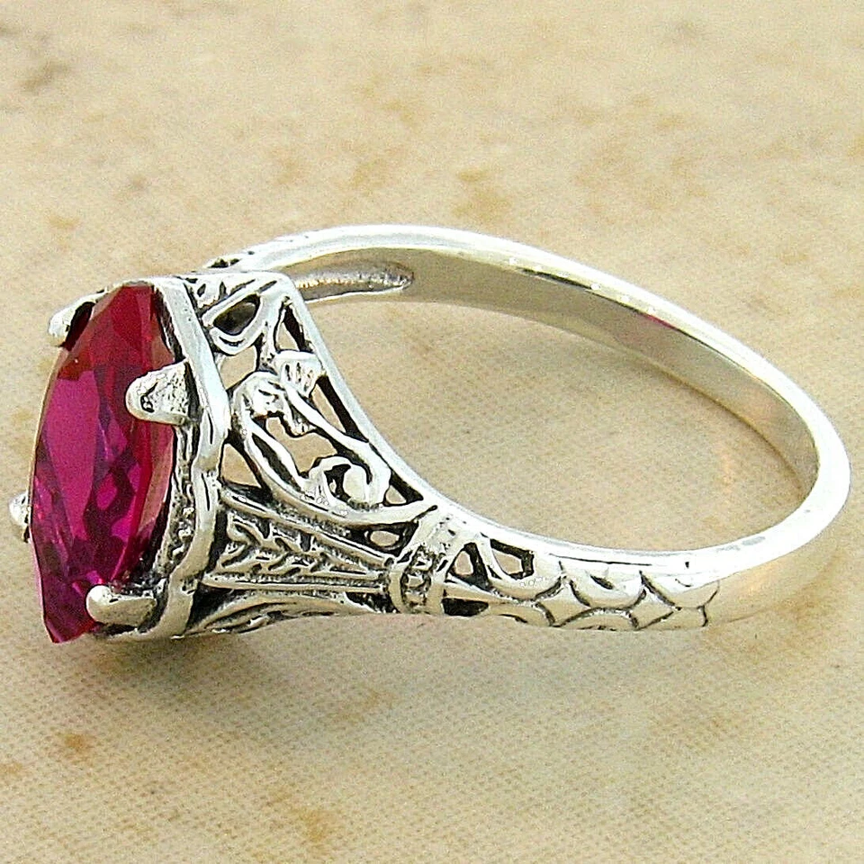 ANILLO FILIGRANA RUBÍ ESTILO ART DECO PLATA ESTERLINA 925 CREADO EN LABORATORIO 1,20 QUILATES 625X Foto 4 de 4