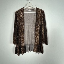 Chico's Womens Animal Print Open Front Ruffle Trim Cardigan Sweater Size 2 Brown