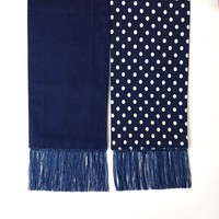 Vintage Style Polka Dot Scarf w Tassels, Handmade, Navy, Brushed Cotton 2 Sides