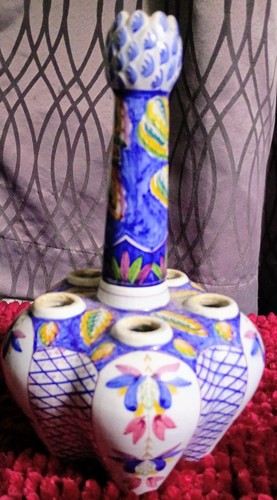 Jarrón antiguo de cinco dedos floral azul pintado a mano de tulipere hecho en Portugal - Imagen 9 de 13