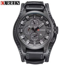 Curren men's wristwatch, black dial, black leather band, chronograph, analog