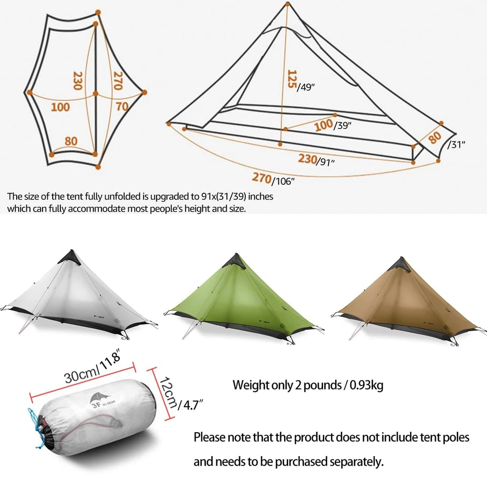 3F Lanshan1 Ultralight 3/4 Season Portable Backpacking Tent - 1-Person, 15D S... - Image 4 of 4