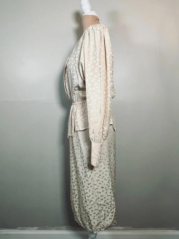 Vintage Blouson Dress 100% Silk Women 10 Beige Belted Midi Long Sleeve Old Money - Image 4 of 4