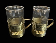 2 Gläser Wodka BELUGA Edelglas & Gold Metall Halter Podstakannik - Luxus