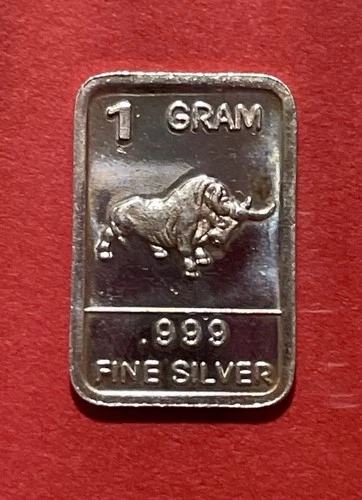 1 Gram Silver Ingot With Image Of A Raging Bull! .999 Fine Silver!