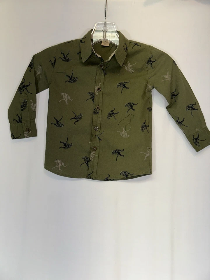 Camisa con botones para niños talla 4T manga larga algodón verde T-Rex única divertida boutique Foto 2 de 4