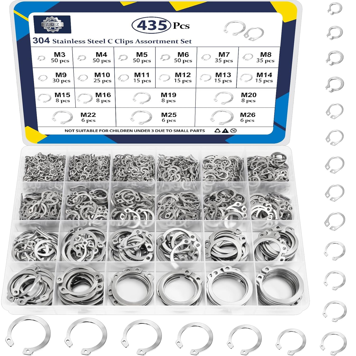 435Pcs C Clips Assortment Kit (M3-M26), External Retaining Rings, 19 Sizes Snap