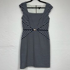 Ann Taylor Navy Blue White Striped Sheath Dress Womens 6 Cap Sleeve Preppy Mini