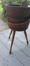 Sewing Basket Bucket Vintage Wood Firkin Stand 3 Legs Tripod Primitive 22” X 10”