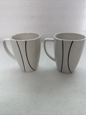 Set 2 Corning Corelle Simple Lines Coffee Mugs Cups Porcelain Black/White 12 oz