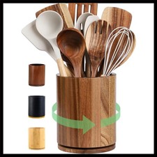 7.3-Inch Acacia Wood Utensil Holder with Rustic Charm and Rotating Base