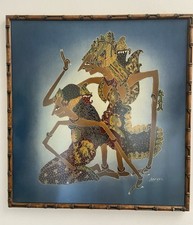 Vintage Indonesian Batik Painting Signed Framed Wayang Style c1970