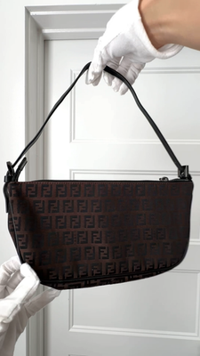✨Authentic FENDI FF Zucchino Canvas Pochette Shoulder Bag Dark