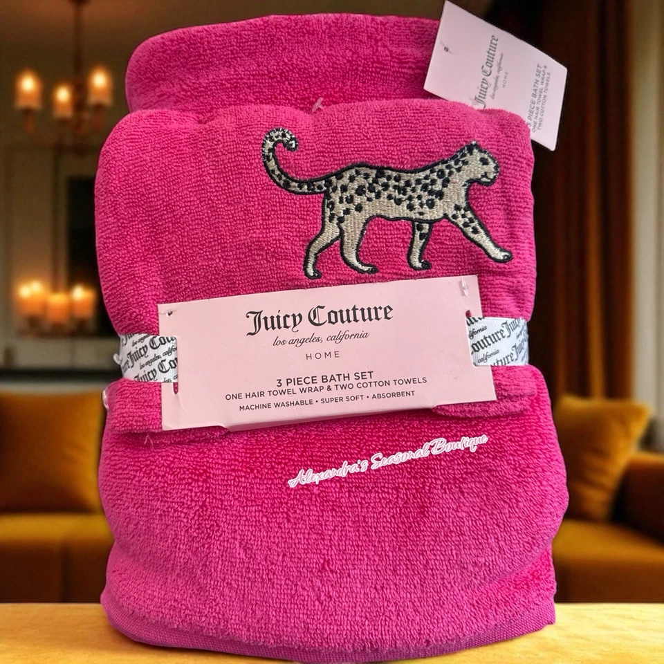 Pink Juicy Couture Leopard Print 3-PC Bath Set Hair Wrap Towel Two Cotton Towels - Image 2 of 4