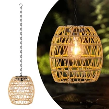 Outdoor Solar Hanging Lantern, Natural Rattan Bamboo Woven Porch Patio Gazebo...