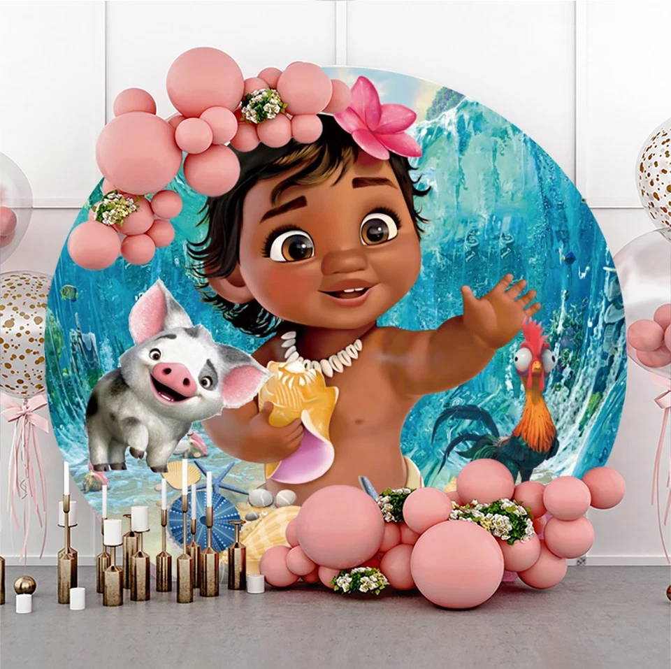 Round Moana Backdrop Baby Girls 1st Birthday Party Circle Photo Background Decor - Image 2 of 4
