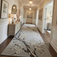 Hand Tufted Floral Runner Rug, Neutral Cherry Blossom Hallway Rug, Modern Entryw