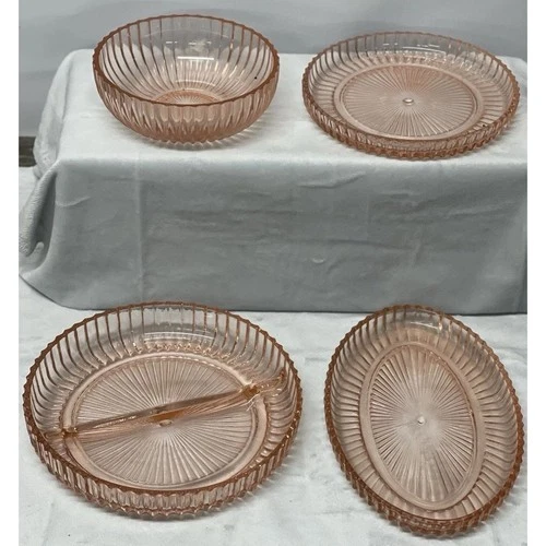 Anchor Hocking Queen Mary Pink Depression Glass Plates Bowl Serving Set 4 Pc