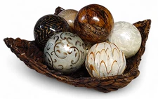 Set Of 8 Decorative 4" Orbs Spheres In Triangle Woven Bowl 17"x 17" Some w/ Tags