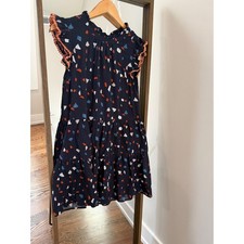 THML Navy Abstract Geometric Tiered Mini Dress Pom Pom Flutter Sleeve Small