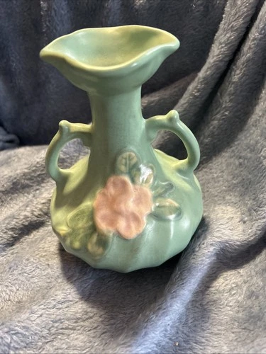 Weller Pottery Vase - Matte Green Floral 6" - Twin Handle USA
