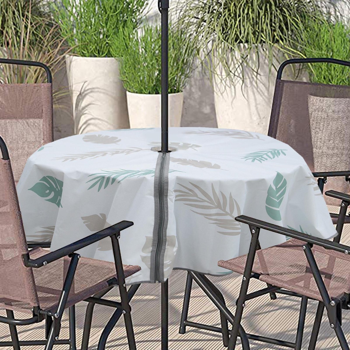 60&quot; Round Tablecloth with Umbrella Hole for Outdoor Picnic Party 