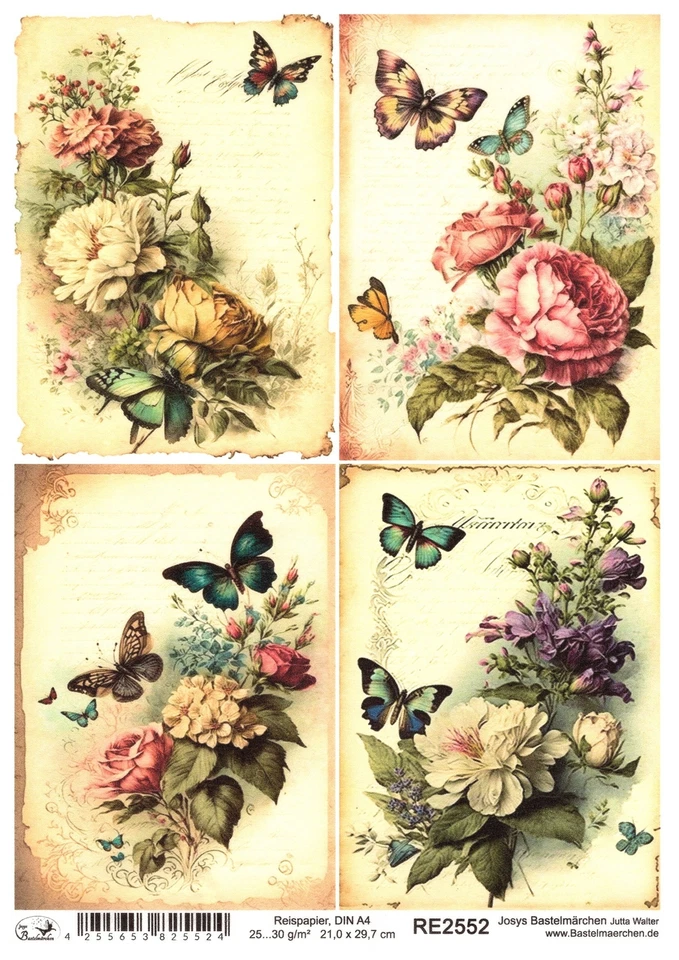 JOSYS BASTELMÄRCHEN Papel de arroz A4 seda de paja decoupage vintage carta flores mariposa RE2552