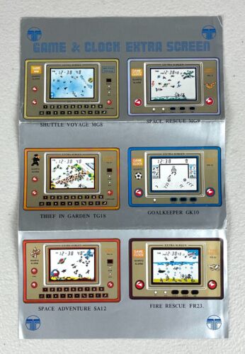 Rare Genuine 1980s GAME & CLOCK Extra Screen Handheld LCD Game Advertising SHEET - Afbeelding 1 van 8