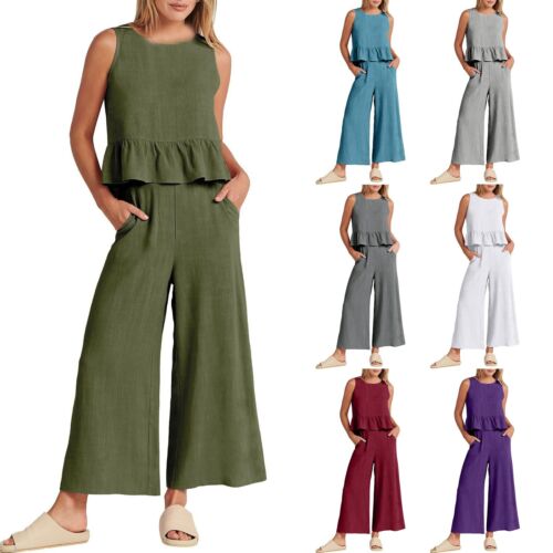 Women Summer 2 Piece Outfits Sleeveless Tank Button Back Tops Wide Leg Pants Set