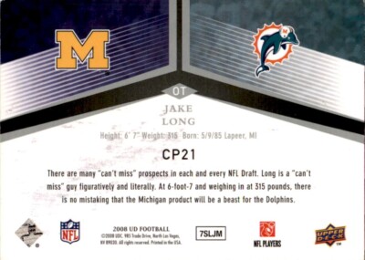 Jake Long Signed 2008 Upper Deck Card CP21 Michigan Wolverines