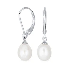 Natural 8-9mm White Pearl Dangle Drop Earrings Leverback Cultured Freshwater